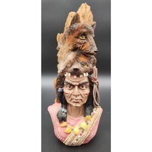 Native American Warrior Figurine w/ Wolf Fox Headdress Feathers Resin 10”
